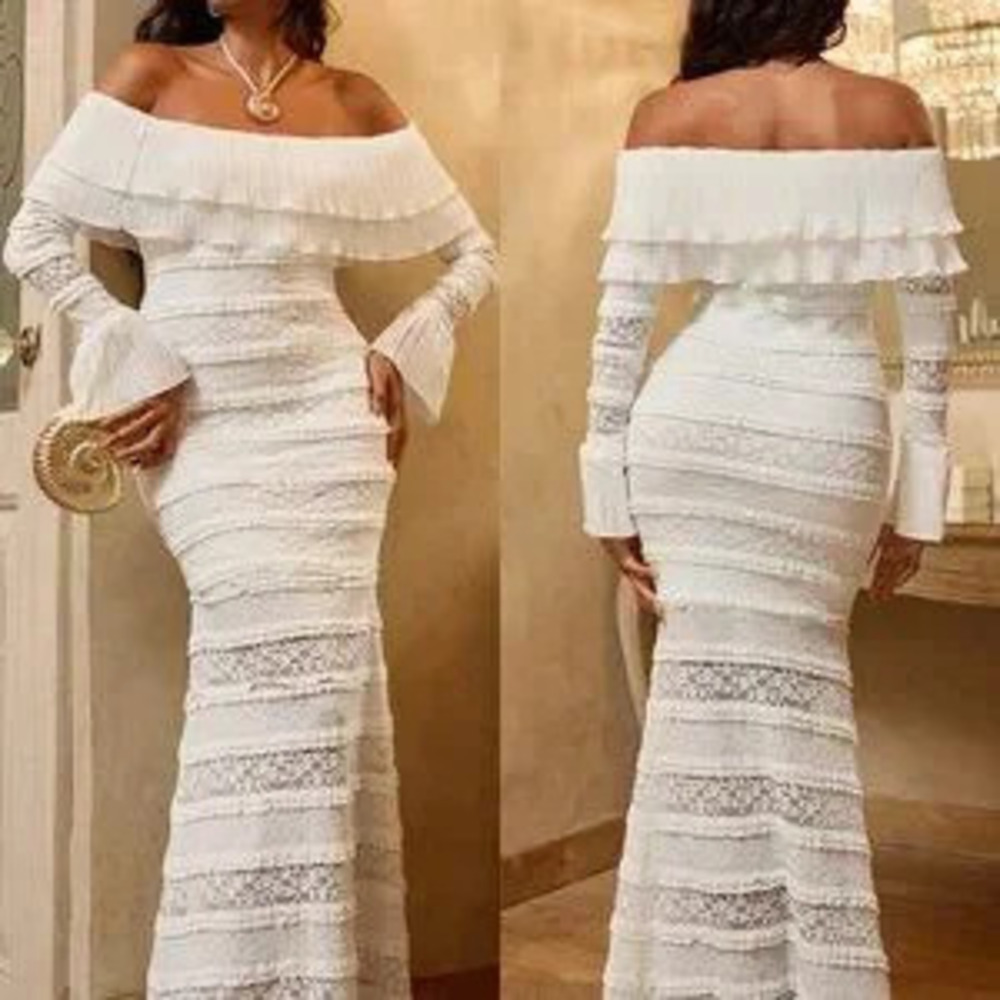 ZARA White Elegant Women's Sexy Knit Lace Ruffle Trim Long Sleeve Fitted Dress